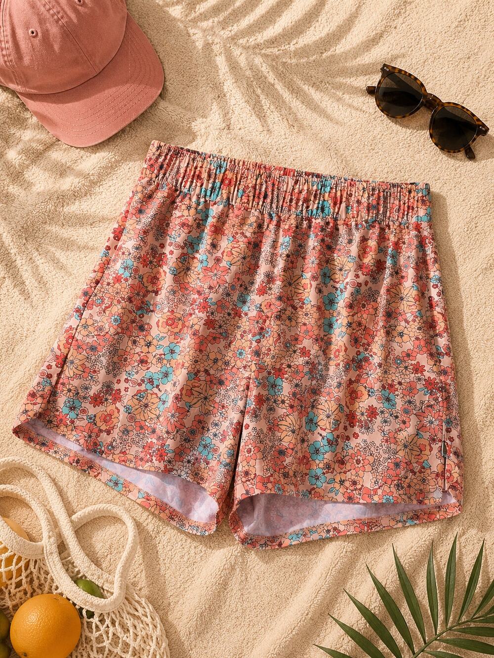 Jetty Women's Floral Print Elastic Waist Pull-On Shorts Orange Multicolor SZ XL